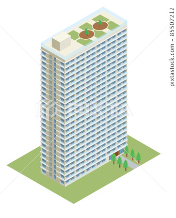 Isometrics 建築高層公寓 3D 插圖,帶屋頂花園的塔式公寓 Isometrics 建築高層公寓 3D 插圖,帶屋頂花園的塔式公寓 85507212
