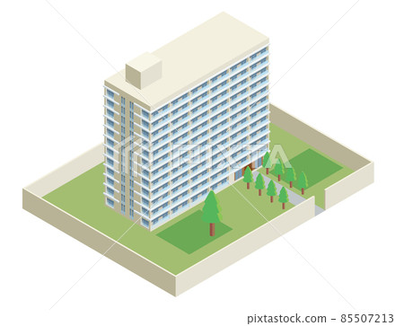 Isometrics 建築中層公寓 3D 插圖，內部有公園的公寓 85507213