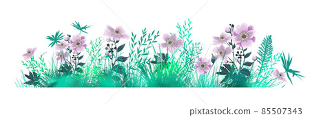 Grass with pink flowers. Green horizontal grass. Vector illustration 85507343