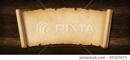 Old paper horizontal banner. Parchment scroll on a wood board Old paper horizontal banner. Parchment scroll on a wood board 85507673