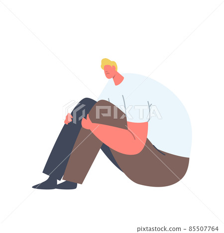 Depressed Unhappy Man Sitting on Floor with Sad... - Stock Illustration ...