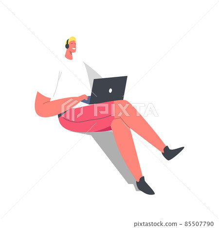 Freelance Occupation, Distant Education Concept. Relaxed Man Freelancer Wear Headphones Working Distant on Laptop Freelance Occupation, Distant Education Concept. Relaxed Man Freelancer Wear Headphones Working Distant on Laptop 85507790