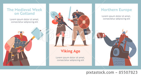 Vikings, Medieval Nordic Soldiers, Barbarians Cartoon Banners. Male and Female Characters Wearing Skins and Hold Armor Vikings, Medieval Nordic Soldiers, Barbarians Cartoon Banners. Male and Female Characters Wearing Skins and Hold Armor 85507823