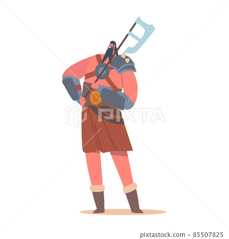 Viking with Naked Torso and Battle Axe, Scandinavian Warrior, Bearded Male Character Holding Armor Isolated on White 85507825