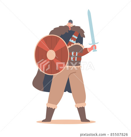 Scandinavian Warrior, Barbarian Soldier. Viking Male Character with Beard Wear Animal Skin Hold Armor Sword and Shield Scandinavian Warrior, Barbarian Soldier. Viking Male Character with Beard Wear Animal Skin Hold Armor Sword and Shield 85507826