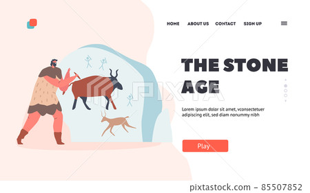 Stone Age Landing Page Template. Caveman Character Painting Animals on Wall. Ancient Period of Human Civilization Stone Age Landing Page Template. Caveman Character Painting Animals on Wall. Ancient Period of Human Civilization 85507852