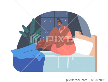 Woman Wear Pajama Sitting in Bed Feeling Pain in Ankle, Female Character with Sleep Problems, Cramps, Weak Muscles Woman Wear Pajama Sitting in Bed Feeling Pain in Ankle, Female Character with Sleep Problems, Cramps, Weak Muscles 85507898
