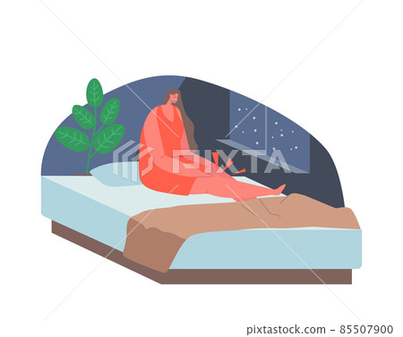 Woman with Cramps in Knees in her Bedroom, Female Character Woke Up in Middle of Night with Strong Pain, Muscle Fatigue Woman with Cramps in Knees in her Bedroom, Female Character Woke Up in Middle of Night with Strong Pain, Muscle Fatigue 85507900