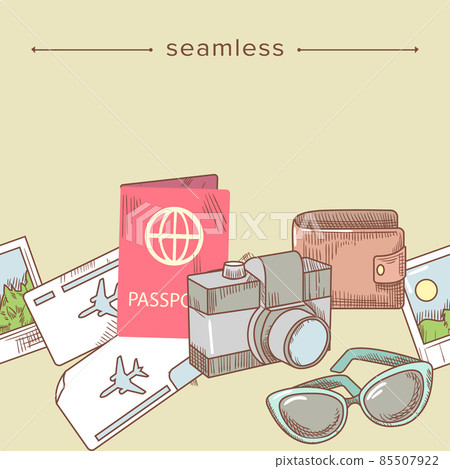 Seamless Pattern Vacation Theme, Doodle Composition with Hand Drawn Photo Camera, Sunglasses, Passport and Tickets 85507922