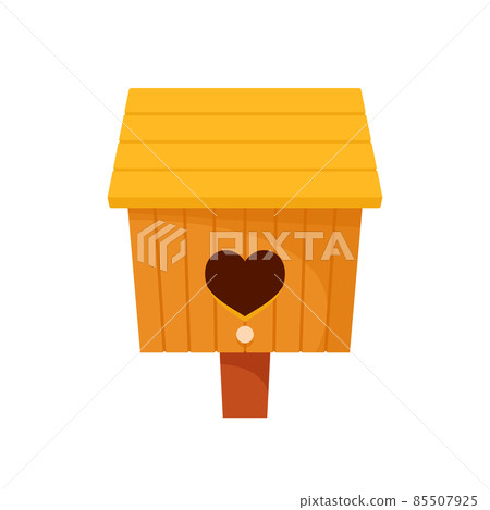 Cute Wooden Bird House of Yellow Color, Home or Nest with Slope Roof and Heart Shaped Hole. Nature Protection Craft Cute Wooden Bird House of Yellow Color, Home or Nest with Slope Roof and Heart Shaped Hole. Nature Protection Craft 85507925