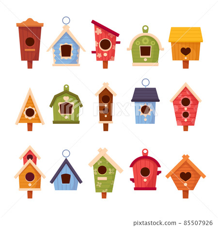 Set of Wooden Bird Houses Different Shapes and Sizes, Colorful Birdhouses, Home or Nest with Roof, Round or Heart Hole Set of Wooden Bird Houses Different Shapes and Sizes, Colorful Birdhouses, Home or Nest with Roof, Round or Heart Hole 85507926