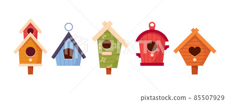 Set of Wooden Bird Houses, Colorful Feeders of Different Design with Slope Roof. Birdhouses, Home or Nest with Holes 85507929