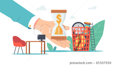 Wasting Time and Money, Procrastination Postponing Work Concept. Huge Businessman Hand Holding Hourglass with Sand 85507930