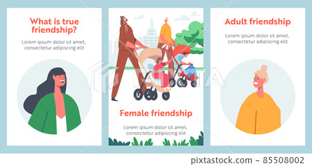 Women Friendship Cartoon Banners. Moms with Babies in Prams and Strollers. Characters Walk With Their Infant Children 85508002