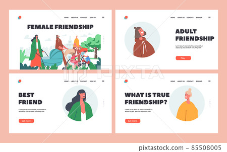 Women Friendship Landing Page Template Set. Female Characters with Babies in Prams, Girls Walk With Children, Motherhood Women Friendship Landing Page Template Set. Female Characters with Babies in Prams, Girls Walk With Children, Motherhood 85508005