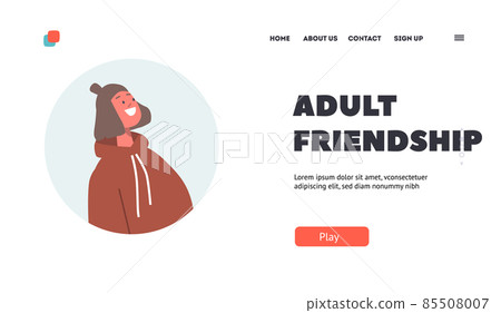 Adult Friendship Landing Page Template. Happy Smiling Millenial Woman Wear Hoodie, Human Relations, Bonds and Friends Adult Friendship Landing Page Template. Happy Smiling Millenial Woman Wear Hoodie, Human Relations, Bonds and Friends 85508007