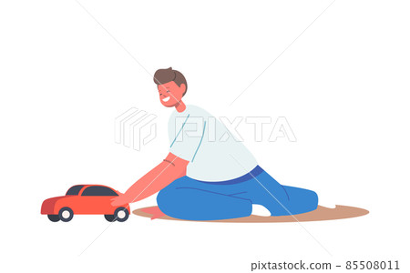 Little Boy Character Sitting on Floor Playing with Car. Child Fun with Toy, Kid Recreation at Home or Kindergarten Little Boy Character Sitting on Floor Playing with Car. Child Fun with Toy, Kid Recreation at Home or Kindergarten 85508011