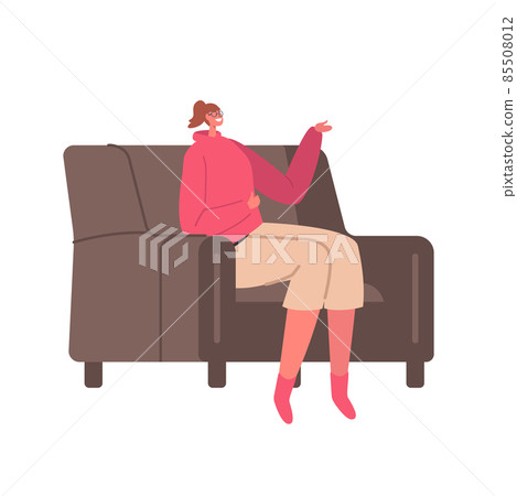 Cute Smiling Girl Sitting on Cozy Sofa at Home, Female Character Having Leisure, Sparetime, Relaxing or Chat with Friend Cute Smiling Girl Sitting on Cozy Sofa at Home, Female Character Having Leisure, Sparetime, Relaxing or Chat with Friend 85508012