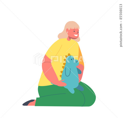 Little Girl with Dino, Child Playing with Toy. Kid Sitting on Floor Having Fun and Recreation at Home or Kindergarten Little Girl with Dino, Child Playing with Toy. Kid Sitting on Floor Having Fun and Recreation at Home or Kindergarten 85508013