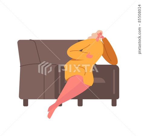 Young Woman Sitting on Comfortable Couch at Home. Female Character Visiting Friend, Relaxing after Work, Having Leisure Young Woman Sitting on Comfortable Couch at Home. Female Character Visiting Friend, Relaxing after Work, Having Leisure 85508014