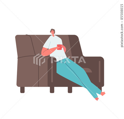 Female Character Relaxing in Comfortable Soft Armchair with Coffee or Tea Cup in Hands. Woman Enjoying Weekend Relax Female Character Relaxing in Comfortable Soft Armchair with Coffee or Tea Cup in Hands. Woman Enjoying Weekend Relax 85508015