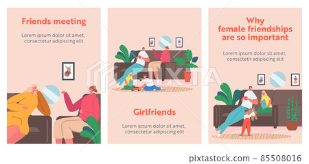 Moms Girlfriend at Home Cartoon Banners, Happy Family Characters Laughing, Drink Tea, Mother, her Friends and Children Moms Girlfriend at Home Cartoon Banners, Happy Family Characters Laughing, Drink Tea, Mother, her Friends and Children 85508016