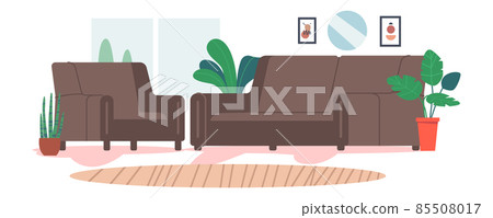 Living Room Interior with Fashioned Simple Style Furniture and Decor. Sofa and Armchair, Potted Plants, Cozy Apartment Living Room Interior with Fashioned Simple Style Furniture and Decor. Sofa and Armchair, Potted Plants, Cozy Apartment 85508017