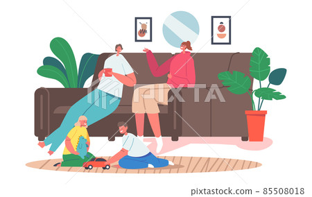 Couple of Girl Friends Sitting on Couch Drinking Beverages and Communicating at Home, Kids Playing on Floor, Friendship Couple of Girl Friends Sitting on Couch Drinking Beverages and Communicating at Home, Kids Playing on Floor, Friendship 85508018