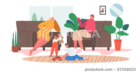 Moms Girlfriend Visit Home Concept. Happy Mother and Friend Characters Sit on Couch, Drink Tea, Chatting, Share Gossips Moms Girlfriend Visit Home Concept. Happy Mother and Friend Characters Sit on Couch, Drink Tea, Chatting, Share Gossips 85508020