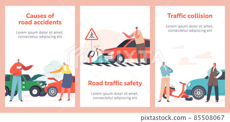 Car Accident with People on Road Cartoon Banners. Broken Automobile with Fire and Steam, Car Bump into Scooter, 85508067