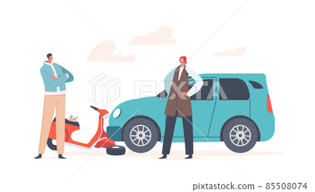 Car Hit Driver on Scooter, Accident with Automobile and Person on City Road, Health Insurance, Safety Concept 85508074