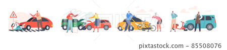 Set Car Accident with People on Road, Broken Automobile with Fire and Steam, Car Bump into Scooter, Truck Bump Bicycle 85508076