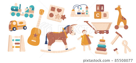Set of Various Wooden Toys Train, Car, Guitar and Sorter, Soraban, Pyramid, Rocking Donkey and Dolls. Wheeled Giraffe 85508077
