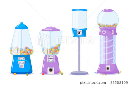 Set of Gumball Machines Blue and Violet Dispensers with Transparent Glass, Slot, Spiral Track and Candies or Bubble Gums Set of Gumball Machines Blue and Violet Dispensers with Transparent Glass, Slot, Spiral Track and Candies or Bubble Gums 85508109
