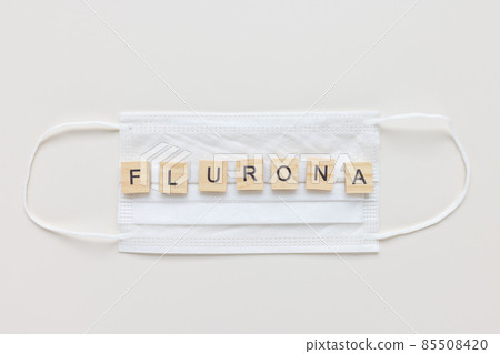 Word FLURONA on mask, white background. COVID and flu double infection concept 85508420