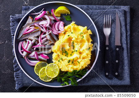 sprat red onion and pickles salad with potato mash sprat red onion and pickles salad with potato mash 85509050