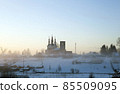 Church of the Resurrection at sunrise in foggy frosty morning Varnita, Totma District, Vologda Region 85509095