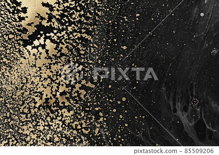 Fluid Art. Golden metallic particles and black waves. Marble effect background or texture Fluid Art. Golden metallic particles and black waves. Marble effect background or texture 85509206