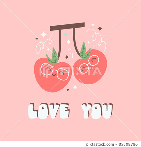 Cute cherries and lettering composition for Valentine's Day card. Berries in love and calligraphy love phrase for February 14th. Flat vector illustration isolated on pink background 85509780