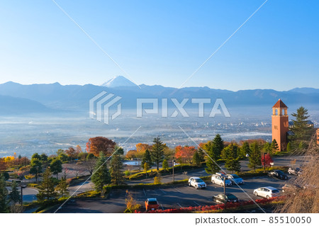 Yamanashi City Autumn Mt. Fuji and Kofu Basin seen from Fuefukigawa Fruit Park in Yamanashi Prefecture in the early morning Yamanashi City Autumn Mt. Fuji and Kofu Basin seen from Fuefukigawa Fruit Park in Yamanashi Prefecture in the early morning 85510050