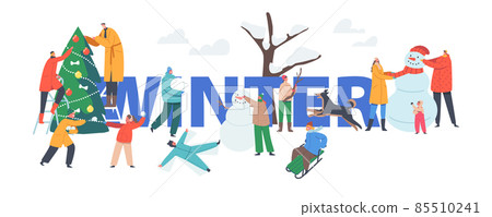 Winter Concept. Happy Family Parents with Kids Making Snowman on Snowy Landscape. Wintertime Outdoor Activity Winter Concept. Happy Family Parents with Kids Making Snowman on Snowy Landscape. Wintertime Outdoor Activity 85510241