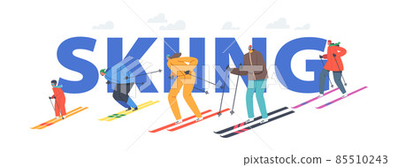 Skiing Concept. People Riding Skis by Snow Slopes on Winter Resort. Characters Travel Entertainment, Wintertime Activity Skiing Concept. People Riding Skis by Snow Slopes on Winter Resort. Characters Travel Entertainment, Wintertime Activity 85510243