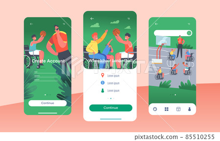 Wheelchair Basketball Mobile App Page Onboard Screen Template. Disabled Paralyzed Kids Paralympic Athletes Training 85510255