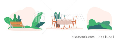 City Park with Wooden Bench, Restaurant Table with Chairs, Summertime Landscape Isolated on White Background 85510281