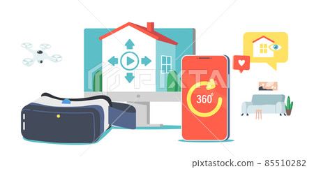 Real Estate Virtual Tour Concept. Remote Apartment Showing Service for Buying or Rent. Smartphone with 360 Degree View 85510282