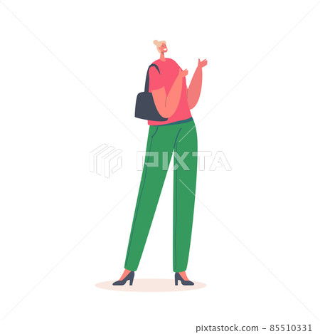 Stylish Caucasian Girl Character Wear Red Blouse with Short Sleeves and Tight Green Pants with Hand Bag. Trendy Outfit 85510331