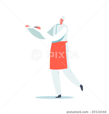 Hospitality, Restaurant Staff in Uniform. Smiling Male Character in Red Apron Holding Beef Knife. Man in Chef Toque 85510348