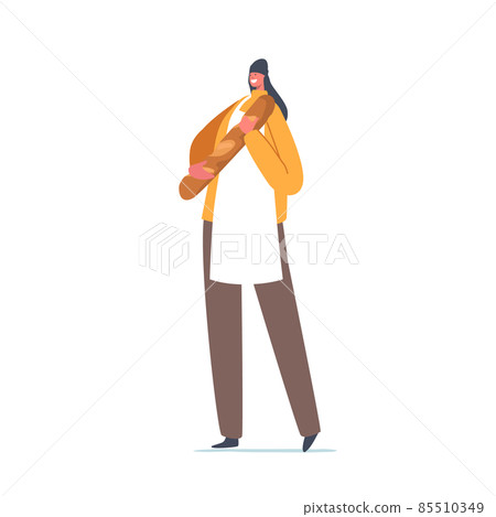 Smiling Baker Professional Bread Maker Holding Fresh Baguette or Loaf. Happy Bakery Staff, Bakehouse Worker Character 85510349