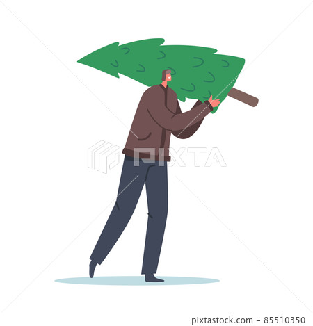 Character in Festive Mood Walking with Spruce. Happy Man in Winter Clothes Carry Fir Tree Isolated on White Background 85510350