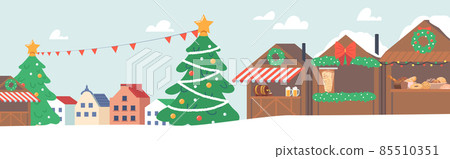 Outdoor Christmas Market with Stalls and Fir Tree. Wooden Houses Decorated with Garlands, Fir-Tree Branches and Bows 85510351